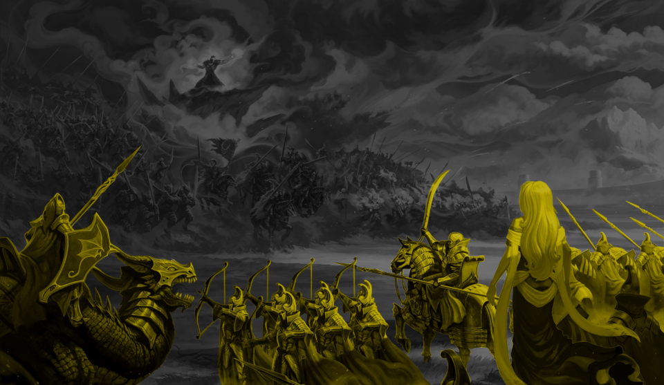 A mighty army of skeleton warriors marches against a small force of elves. Most of the image is in greyscale, but the elf force is monochrome yellow.