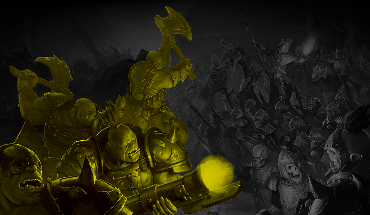 Ogres with a mix of blunderbuss 'Boomers' and axes leap into the fray against an skeletal Empire of Dust army. Key ogres in the foreground are highlighted in monochrome yellow, while the rest of the image is in greyscale.