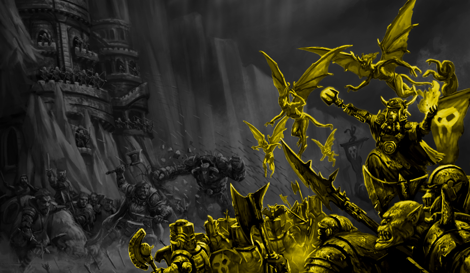 An army of abyssal dwarves besieges an icy fortress defended by fur-clad humans. Most of the 
                       image is in greyscale, but the elf force is monochrome yellow.