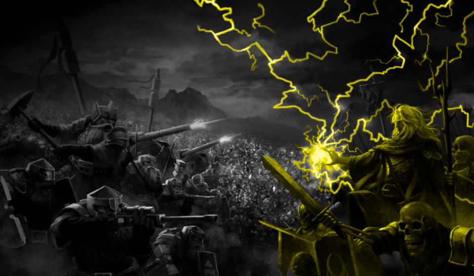 Armies of dwarves and undead clash in mountainous terrain. Most of the image is in greyscale, with a necromancer, their lightning spell, and a few skeletal warriors highlighted in monochrome yellow.